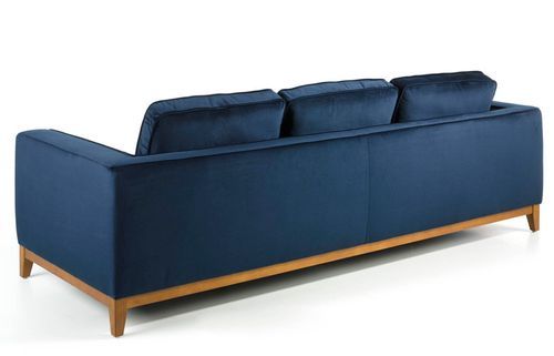 Canapé 3 places tissu bleu effet velours et bois de noyer Hastin - Photo n°3; ?>