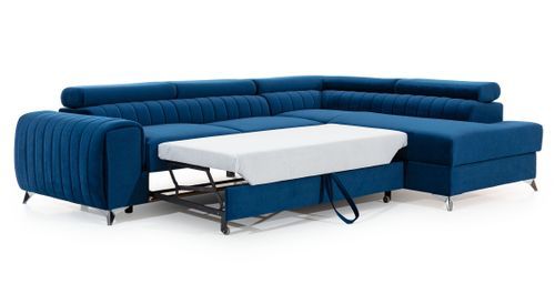 Canapé angle droit convertible avec appuis-tête réglables velours bleu foncé Lozan 275 cm - Photo n°3; ?>