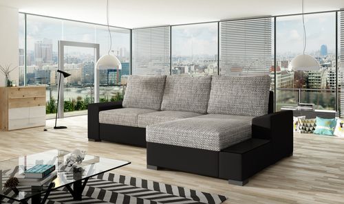 Canapé angle droit convertible tissu gris chiné et simili noir James 245 cm - Photo n°2; ?>