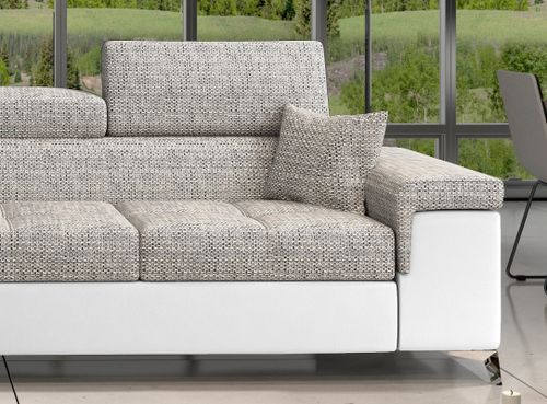 Canapé angle gauche convertible tissu gris chiné et simili blanc avec appuis-tête réglables Rikaro 280 cm - Photo n°3; ?>