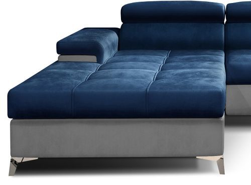 Canapé angle gauche convertible velours bleu marine et gris clair avec appuis-tête réglables Rikaro 280 cm - Photo n°3; ?>
