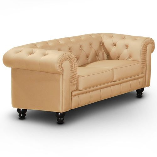 Canapé Chesterfield 2 places imitation cuir beige British - Photo n°2; ?>