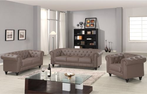 Canapé Chesterfield 2 places imitation cuir taupe - Photo n°3; ?>