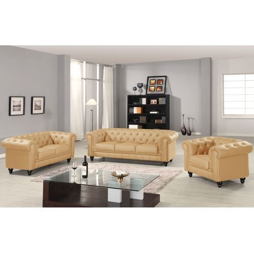 Canapé Chesterfield 3 places imitation cuir beige British - Photo n°2; ?>