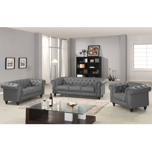 Canapé chesterfield 3 places simili cuir gris Itish - Photo n°2; ?>