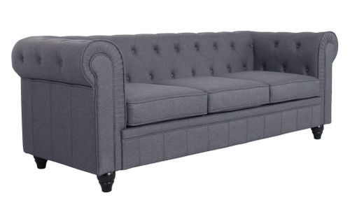 Canapé chesterfield 3 places tissu gris effet lin Itish - Photo n°2; ?>