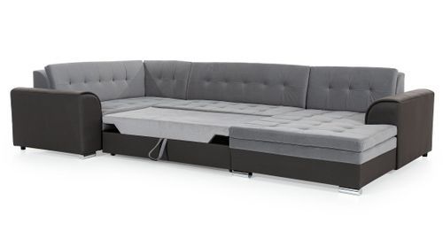Canapé convertible panoramique tissu gris chiné et simili noir méridienne à droite Diana 340 cm - Photo n°3; ?>