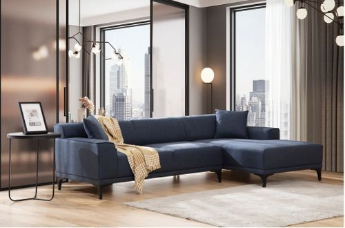 Canapé d'angle à droite moderne en tissu bleu avec 2 coussin Tivano 250 cm - Photo n°3; ?>