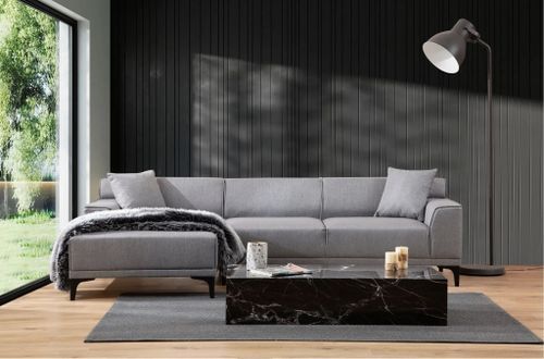 Canapé d'angle à gauche moderne en tissu gris clair avec 2 coussin Tivano 250 cm - Photo n°2; ?>