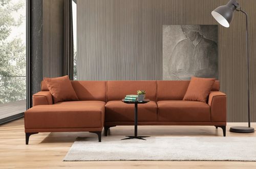 Canapé d'angle à gauche moderne en tissu orange avec 2 coussin Tivano 250 cm - Photo n°2; ?>