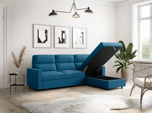 Canapé d'angle convertible et réversible avec coffre tissu bleu pétrole Jane 242 cm - Photo n°3; ?>