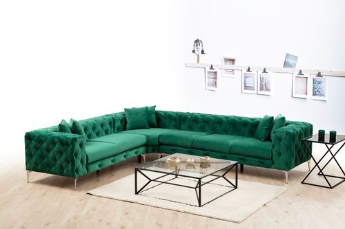 Canapé d'angle droit capitonné velours vert et pieds chromés Herakles 270 cm - Photo n°3; ?>