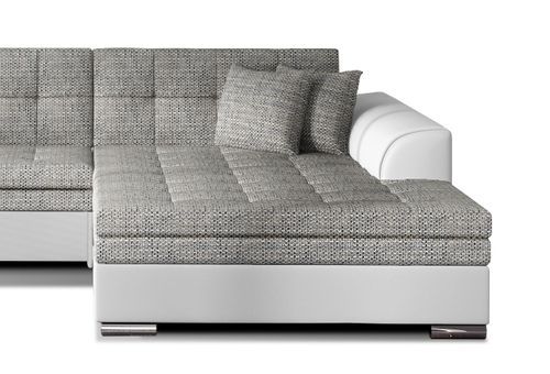Canapé d'angle droit convertible 4 places tissu gris clair chiné et simili blanc Looka 295 cm - Photo n°3; ?>