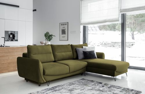 Canapé d'angle droit convertible tissu doux vert olive Zurik 276 cm - Photo n°2; ?>