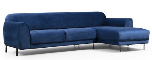 Canapé d'angle droit design velours bleu marine et pieds acier noir Liza - Photo n°2; ?>