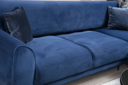 Canapé d'angle droit design velours bleu marine et pieds acier noir Liza - Photo n°3; ?>