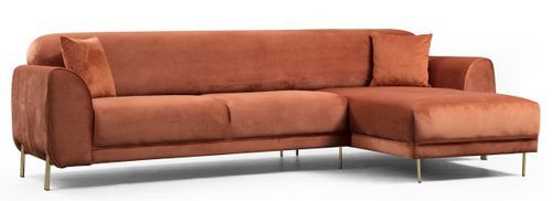 Canapé d'angle droit design velours orange et pieds acier doré Liza - Photo n°2; ?>