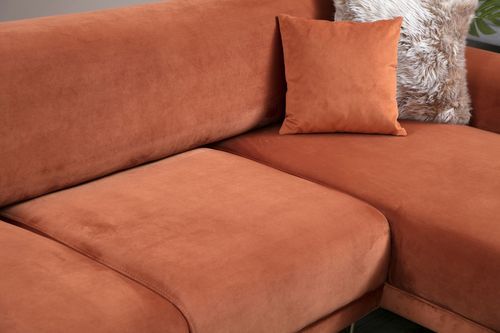 Canapé d'angle droit design velours orange et pieds acier doré Liza - Photo n°3; ?>