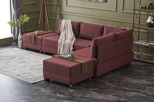 Canapé d'angle droit et 2 poufs tissu rouge Tikona 280 cm - Photo n°3; ?>