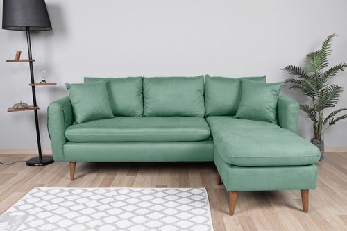 Canapé d'angle droit tissu vert d'eau avec pieds en bois naturel Rival 215 cm - Photo n°2; ?>
