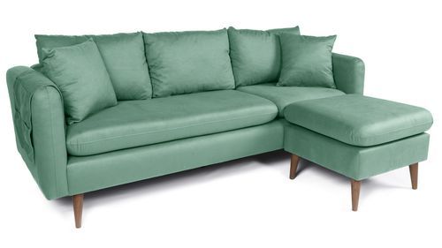 Canapé d'angle droit tissu vert d'eau avec pieds en bois naturel Rival 215 cm - Photo n°3; ?>