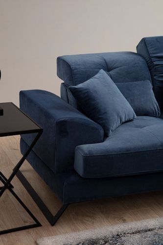 Canapé d'angle droit velours bleu avec têtières relevables et pieds metal noir Briko 308 cm - Photo n°3; ?>