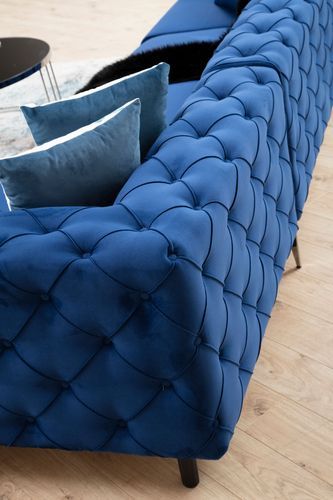 Canapé d'angle gauche capitonné velours bleu marine et pieds chromés Herakles 270 cm - Photo n°3; ?>