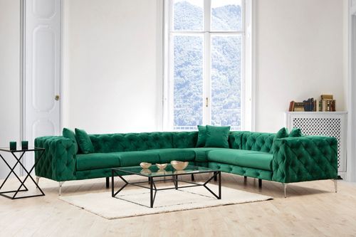 Canapé d'angle gauche capitonné velours vert et pieds chromés Herakles 270 cm - Photo n°2; ?>