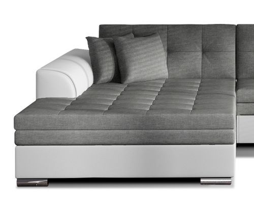 Canapé d'angle gauche convertible 4 places tissu gris foncé et simili blanc Looka 295 cm - Photo n°3; ?>