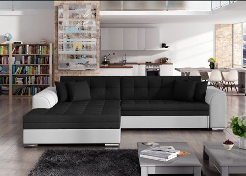 Canapé d'angle gauche convertible 4 places tissu noir et simili blanc Looka 295 cm - Photo n°2; ?>