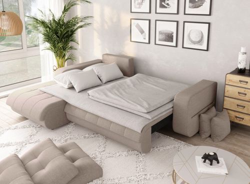 Canapé d'angle gauche convertible tissu beige Moovy 246 cm - Photo n°3; ?>