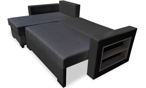 Canapé d'angle gauche convertible tissu gris foncé et simili cuir noir Kami L 230 cm - Photo n°3; ?>