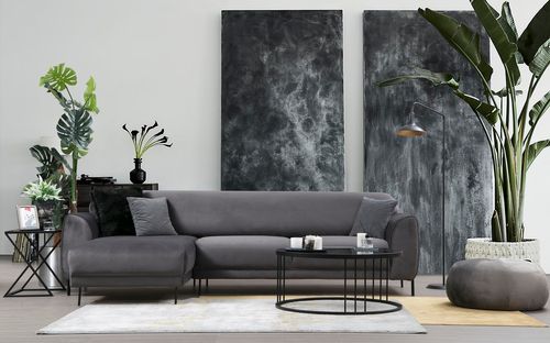 Canapé d'angle gauche design velours gris foncé et pieds acier noir Liza - Photo n°3; ?>