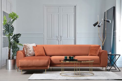 Canapé d'angle gauche design velours orange et pieds acier doré Liza - Photo n°2; ?>