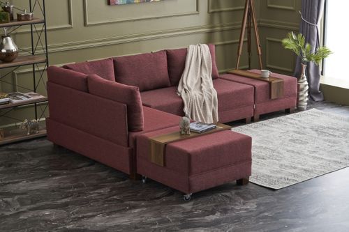 Canapé d'angle gauche et 2 poufs tissu rouge Tikona 280 cm - Photo n°3; ?>