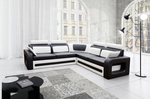 Canapé d'angle gauche original et moderne simili cuir noir et blanc Kaming 270 cm - Photo n°2; ?>