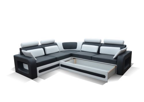 Canapé d'angle gauche original et moderne simili cuir noir et blanc Kaming 270 cm - Photo n°3; ?>