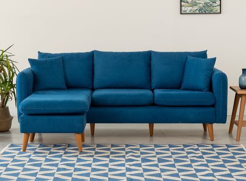 Canapé d'angle gauche tissu bleu canard avec pieds en bois naturel Rival 215 cm - Photo n°2; ?>