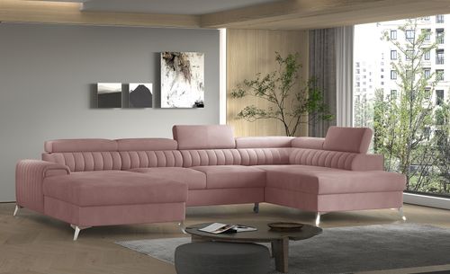 Canapé d'angle U tissu doux brillant rose coffre de rangement à droite Kalante 347 cm - Photo n°2; ?>