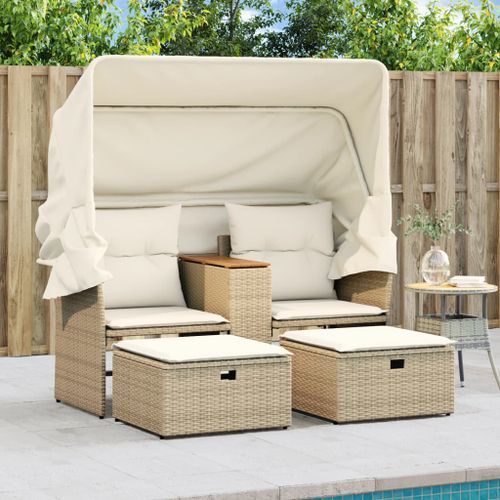 Canapé de jardin 2 places avec auvent et tabourets beige rotin - Photo n°3; ?>