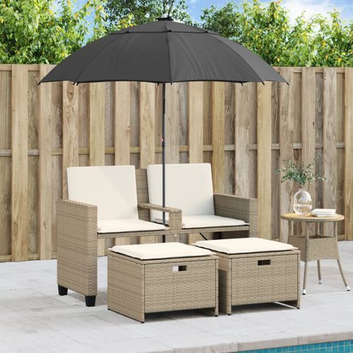 Canapé de jardin 2 places avec parasol et tabourets beige rotin - Photo n°3; ?>