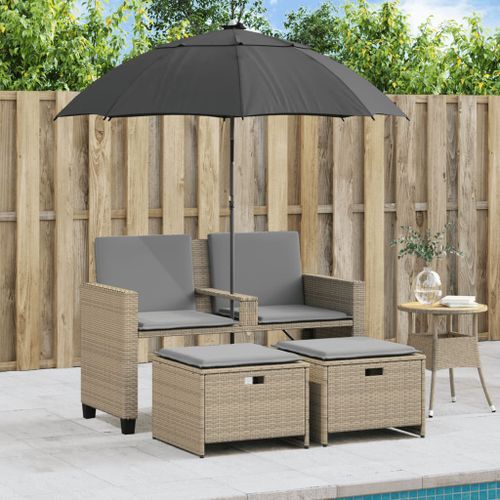 Canapé de jardin 2 places avec parasol et tabourets beige rotin - Photo n°3; ?>