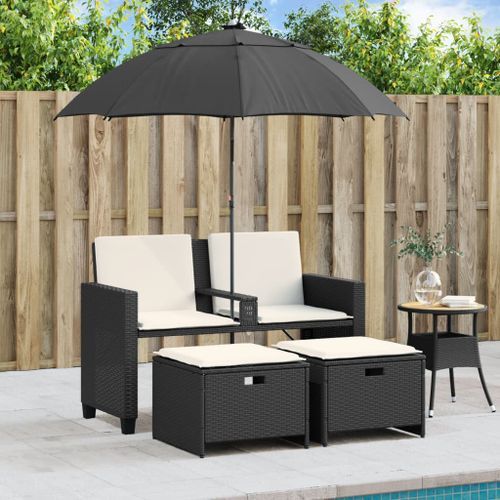 Canapé de jardin 2 places avec parasol et tabourets noir rotin - Photo n°3; ?>