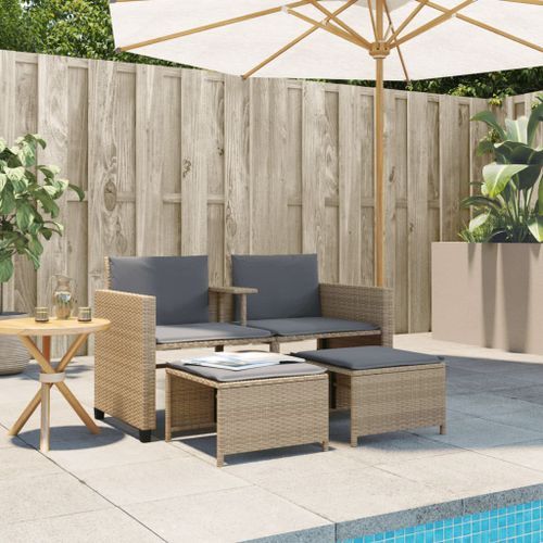 Canapé de jardin 2 places avec table et tabourets beige rotin - Photo n°3; ?>