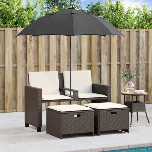 Canapé de jardin 2 places et parasol et tabourets marron rotin - Photo n°3; ?>