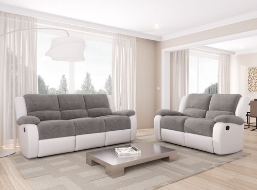 Canapé de relaxation manuel 3 places simili cuir blanc et microfibre gris Confort - Photo n°2; ?>