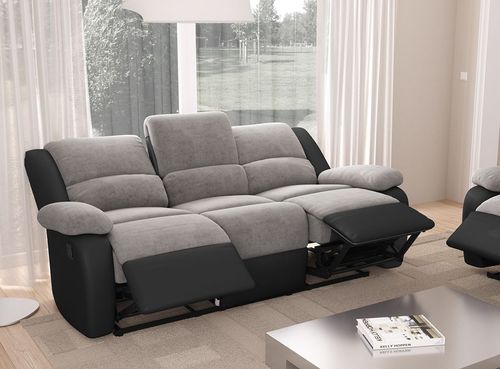 Canapé de relaxation manuel 3 places simili cuir noir et microfibre gris Confort - Photo n°3; ?>
