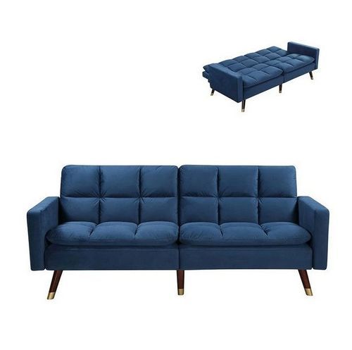 Canapé lit 2 places velours bleu et pieds effet laiton Ilash - Photo n°2; ?>