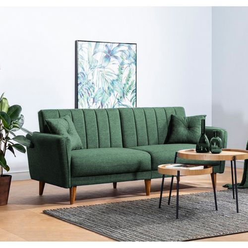 Canapé lit 3 places tissu lin vert et pieds bois naturel Shekal 210 cm - Photo n°2; ?>