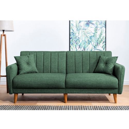 Canapé lit 3 places tissu lin vert et pieds bois naturel Shekal 210 cm - Photo n°3; ?>